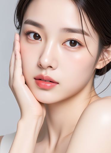 手贴脸颊、肌肤光滑的女性面部