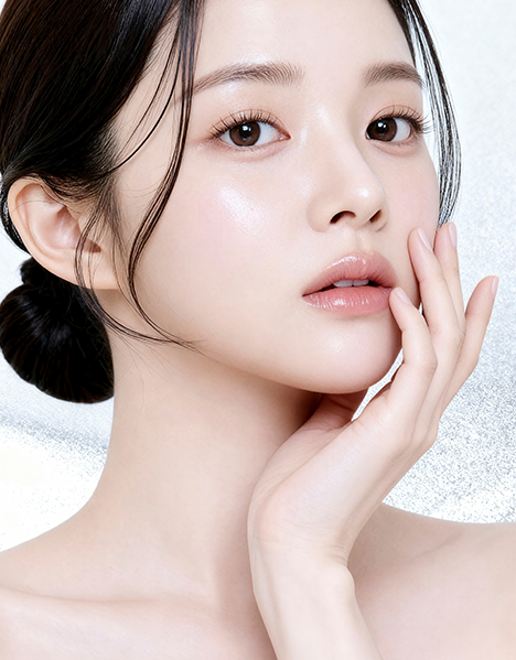 手でフェイスラインを包んだ透明感のある肌の女性の顔