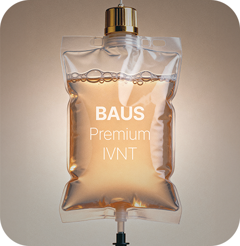 BAUS Premium IVNTの文字が入ったバウスクリニックのプレミアム点滴バッグ