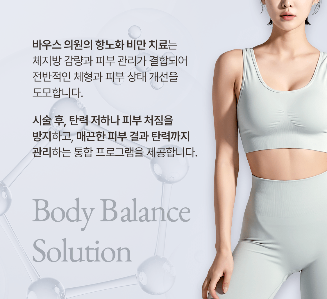 トレーニングウェアの女性とバウスクリニックのアンチエイジング肥満治療の案内文、Body Balance Solution